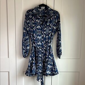 ANNA KAY Geometric Print Long Sleeve Button Down Flounce Dress | Medium